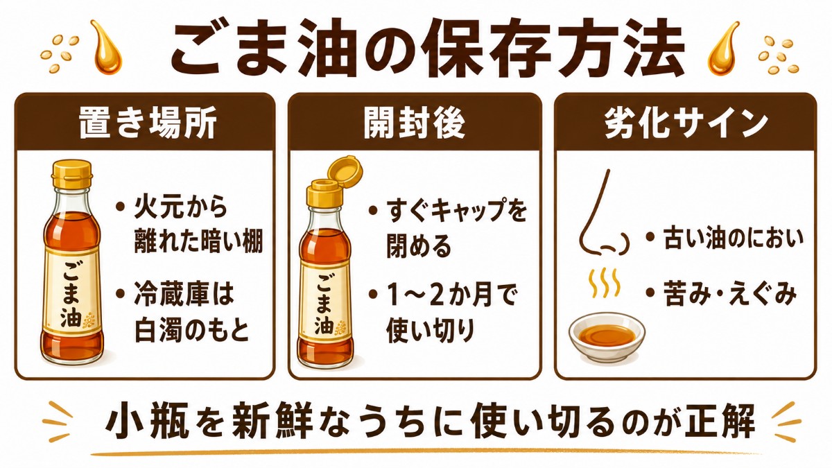 ごま油の保存方法カード（火元から離れた暗い棚・開封後1〜2か月・劣化サインのまとめ）