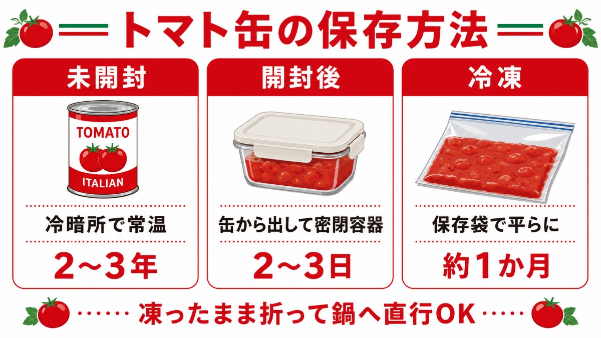 トマト缶の保存方法カード（未開封は冷暗所2〜3年・開封後は密閉容器で2〜3日・平ら冷凍1か月のまとめ）