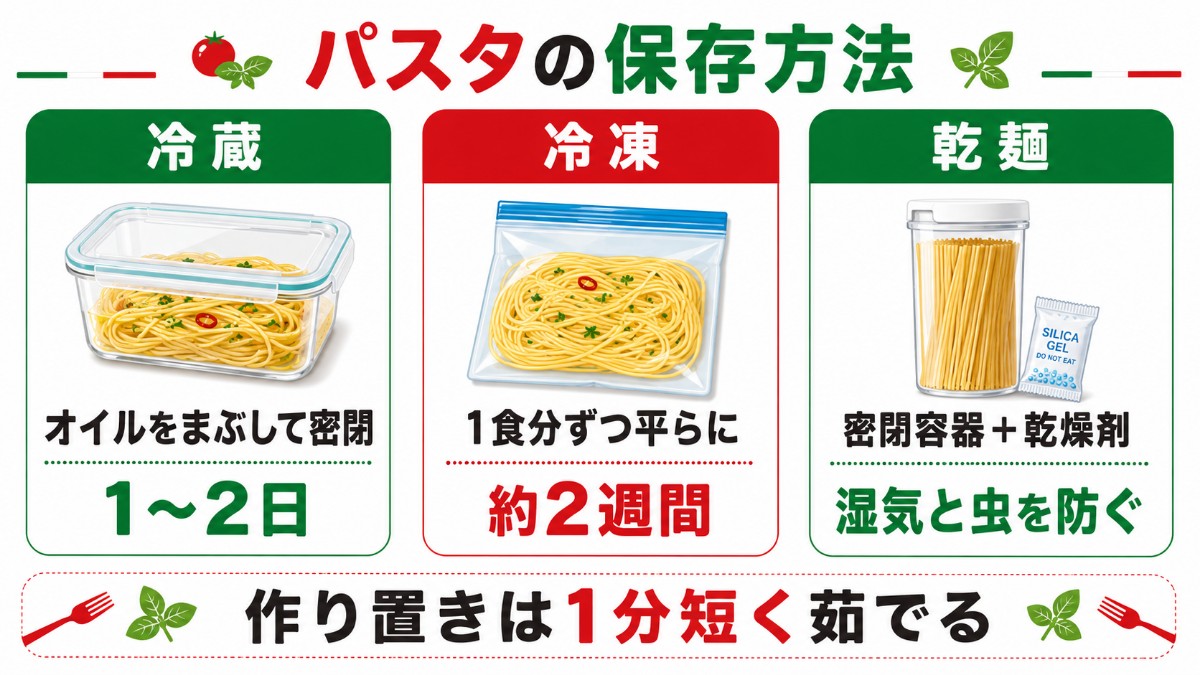 パスタの保存方法カード（冷蔵はオイルをまぶして1〜2日・冷凍約2週間・乾麺は密閉容器＋乾燥剤のまとめ）