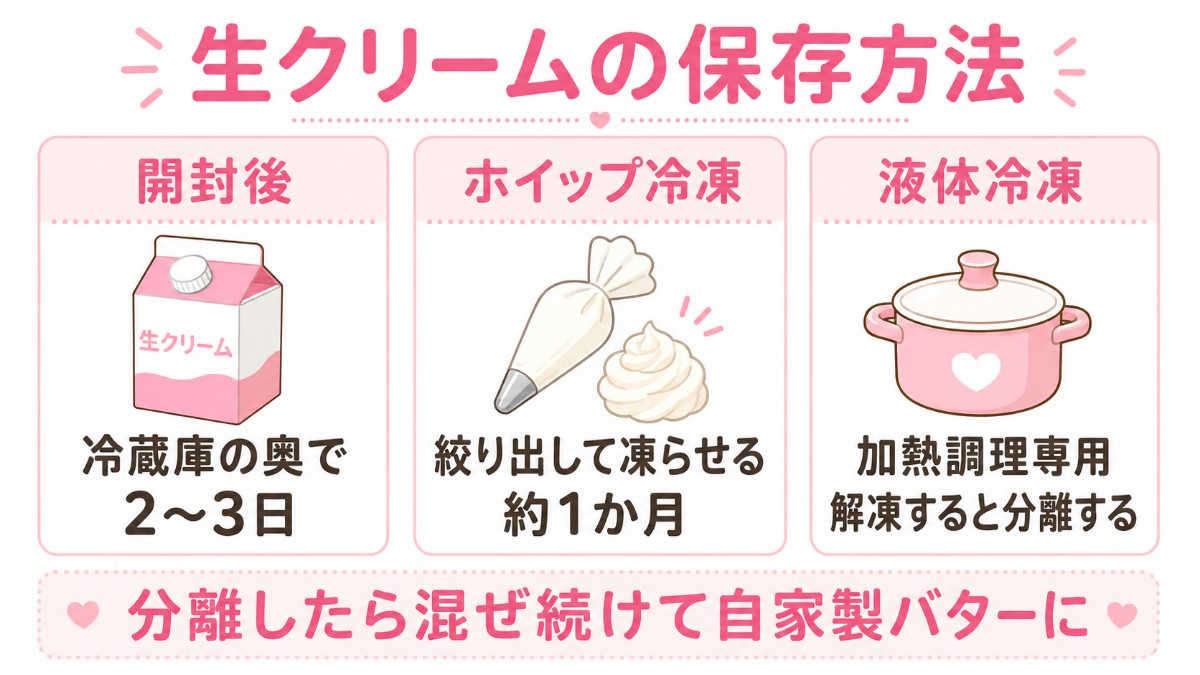 生クリームの保存方法カード（開封後は冷蔵庫の奥で2〜3日・ホイップ冷凍約1か月・液体冷凍は加熱調理専用のまとめ）