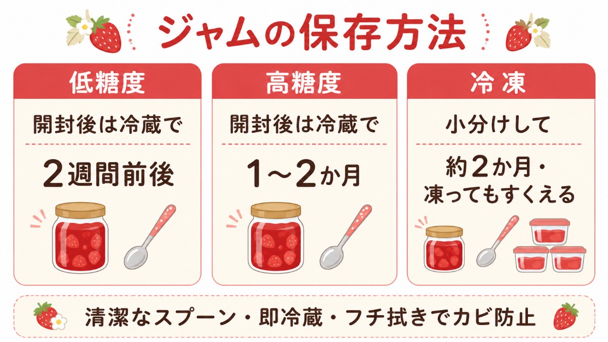 ジャムの保存方法カード（低糖度は冷蔵2週間前後・高糖度は1〜2か月・小分け冷凍約2か月のまとめ）