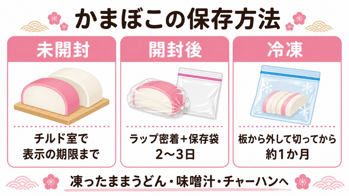 かまぼこの保存方法カード（未開封はチルド室・開封後はラップ密着で2〜3日・切って冷凍約1か月のまとめ）