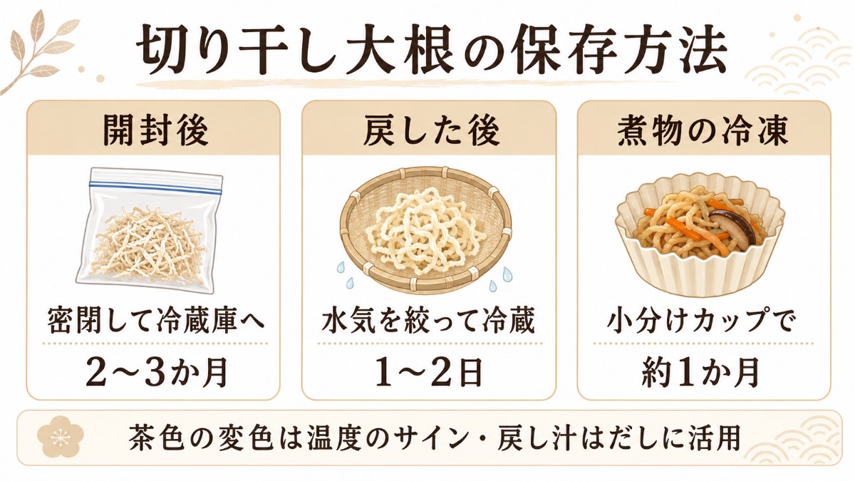 切り干し大根の保存方法カード（開封後は密閉して冷蔵2〜3か月・戻した後は1〜2日・煮物は小分け冷凍約1か月のまとめ）