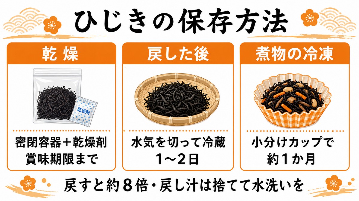 ひじきの保存方法カード（乾燥は密閉容器＋乾燥剤・戻した後は冷蔵1〜2日・煮物は小分け冷凍約1か月のまとめ）