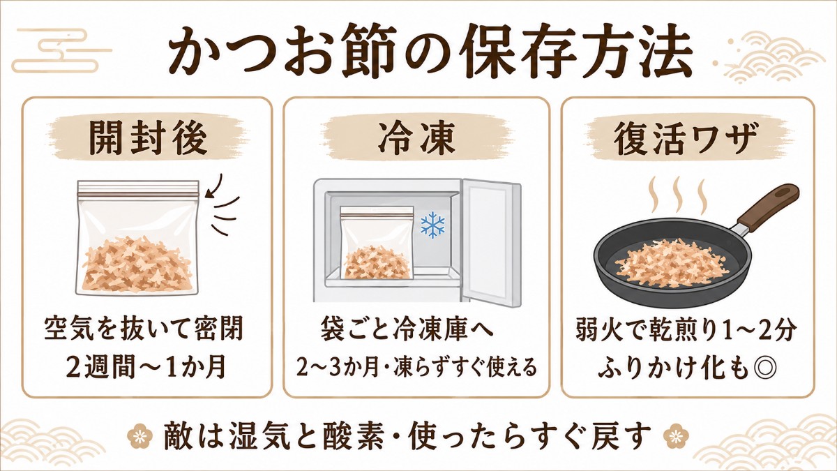 かつお節の保存方法カード（開封後は空気を抜いて密閉2週間〜1か月・袋ごと冷凍2〜3か月・乾煎りで復活のまとめ）