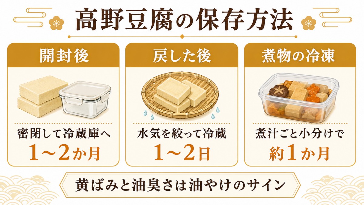 高野豆腐の保存方法カード（開封後は密閉して冷蔵1〜2か月・戻した後は1〜2日・煮物は煮汁ごと冷凍約1か月のまとめ）