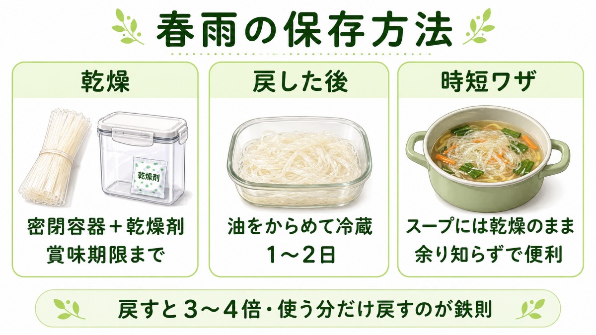 春雨の保存方法カード（乾燥は密閉容器＋乾燥剤・戻した後は油をからめて冷蔵1〜2日・スープには乾燥のままのまとめ）
