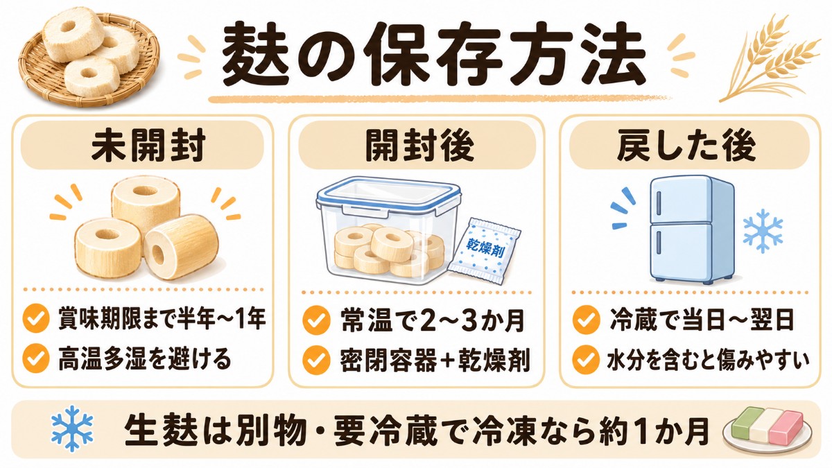 麩の保存方法カード（開封後は常温で2〜3か月・密閉容器＋乾燥剤・戻した後は当日〜翌日のまとめ）