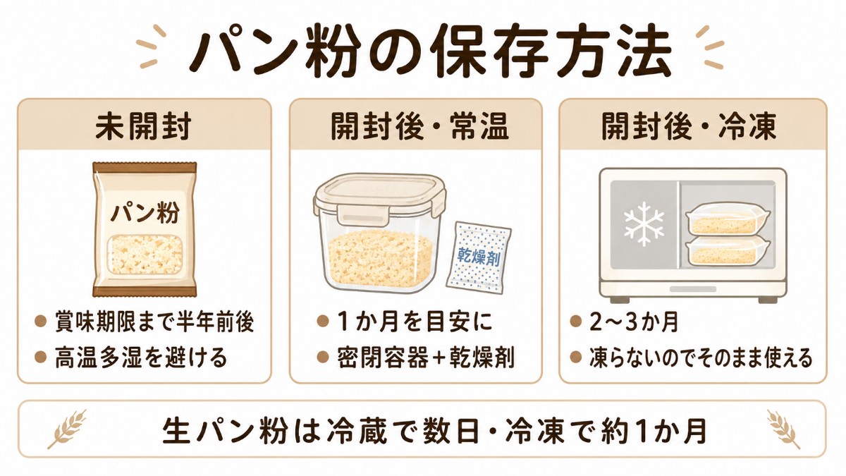 パン粉の保存方法カード（開封後は常温1か月・冷凍なら2〜3か月で凍らずそのまま使える・ダニ対策のまとめ）