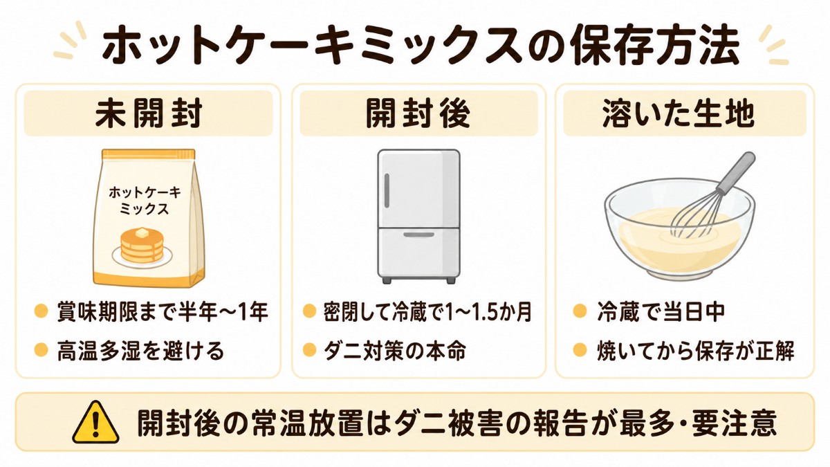 ホットケーキミックスの保存方法カード（開封後は密閉して冷蔵1〜1.5か月・ダニ対策の本命・溶いた生地は当日中のまとめ）