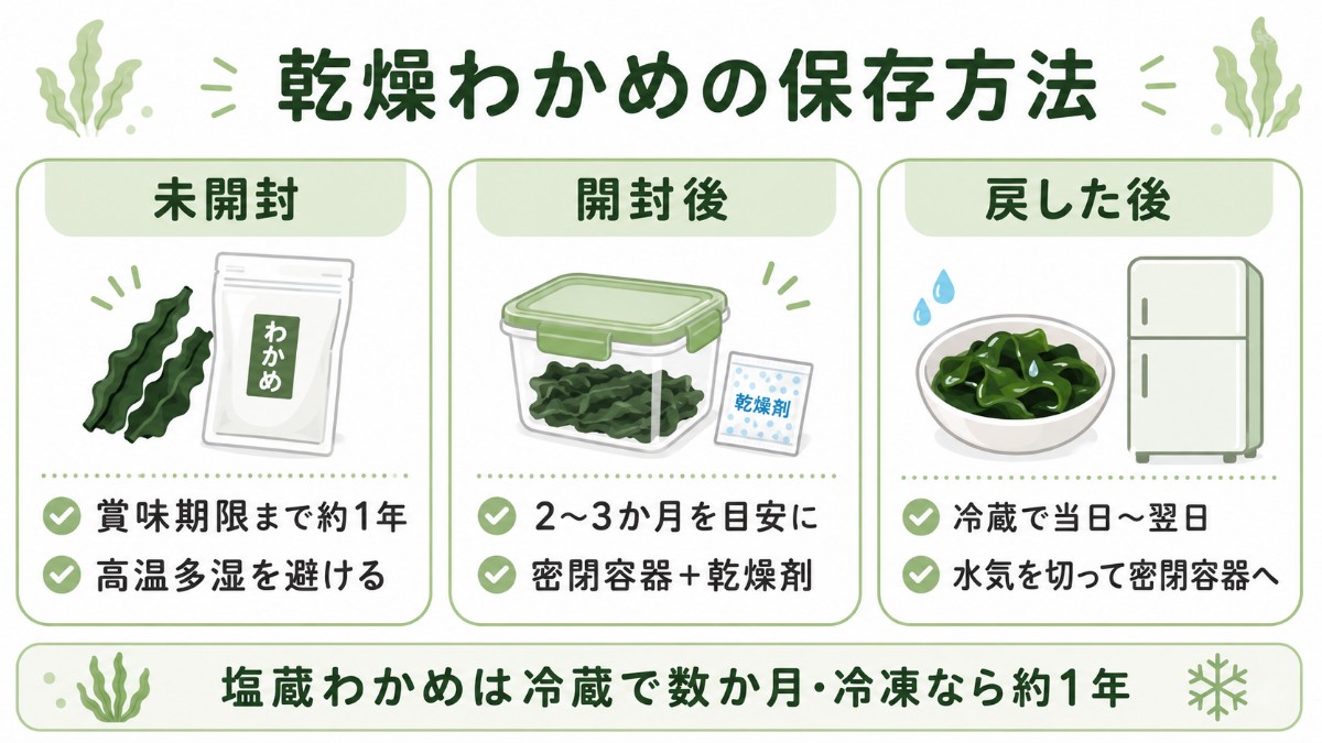 乾燥わかめの保存方法カード（開封後は密閉容器＋乾燥剤で2〜3か月・戻した後は冷蔵で当日〜翌日のまとめ）