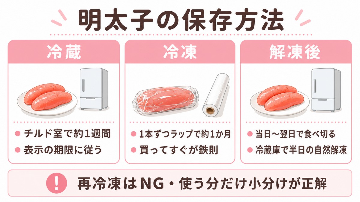 明太子の保存方法カード（チルド室で約1週間・1本ずつラップで冷凍約1か月・再冷凍NGのまとめ）
