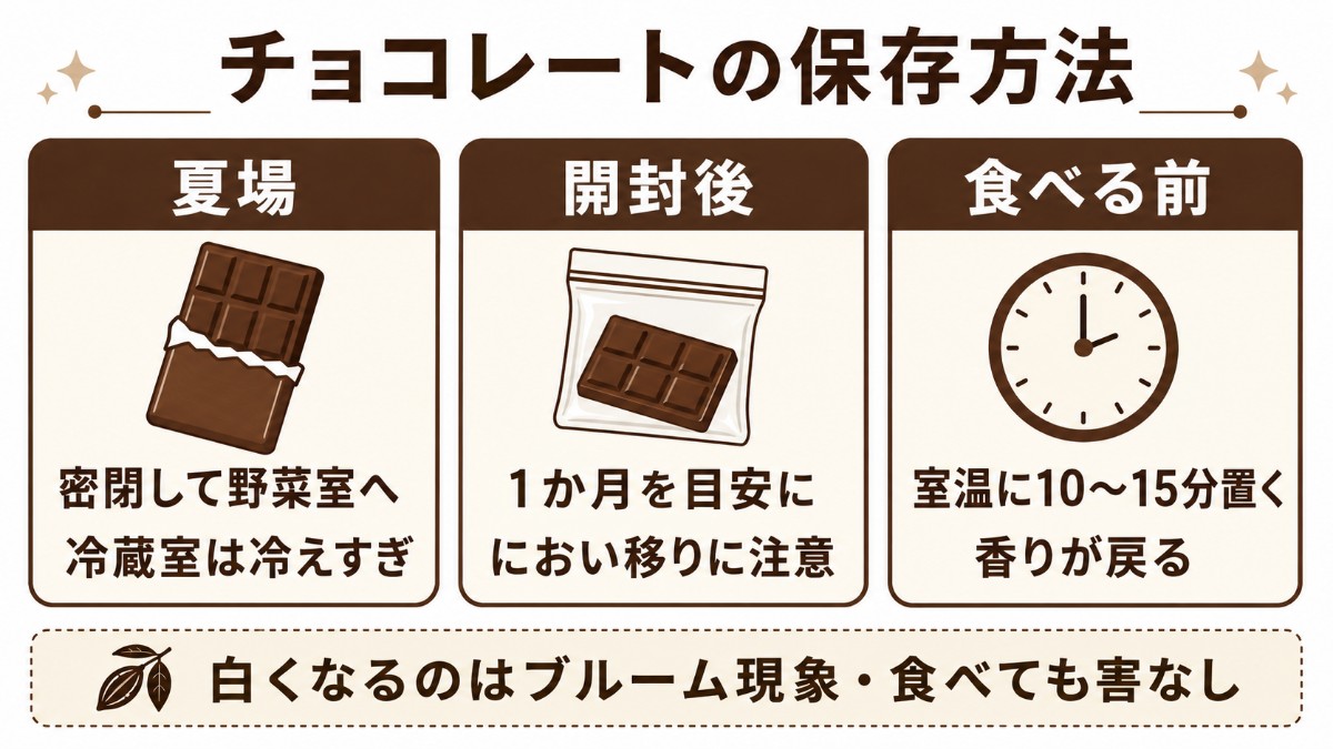 チョコレートの保存方法カード（夏は密閉して野菜室・開封後1か月・食べる前に室温10〜15分のまとめ）