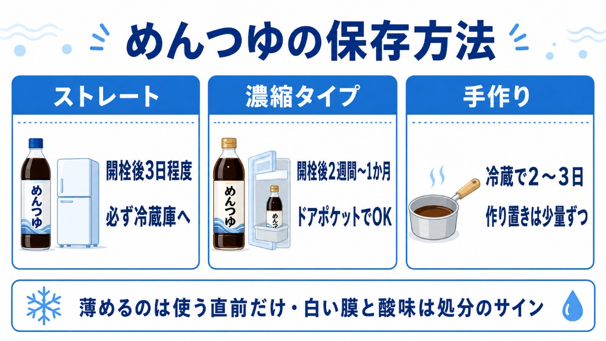 めんつゆの保存方法カード（ストレートは開栓後3日・濃縮は2週間〜1か月・手作りは2〜3日のまとめ）
