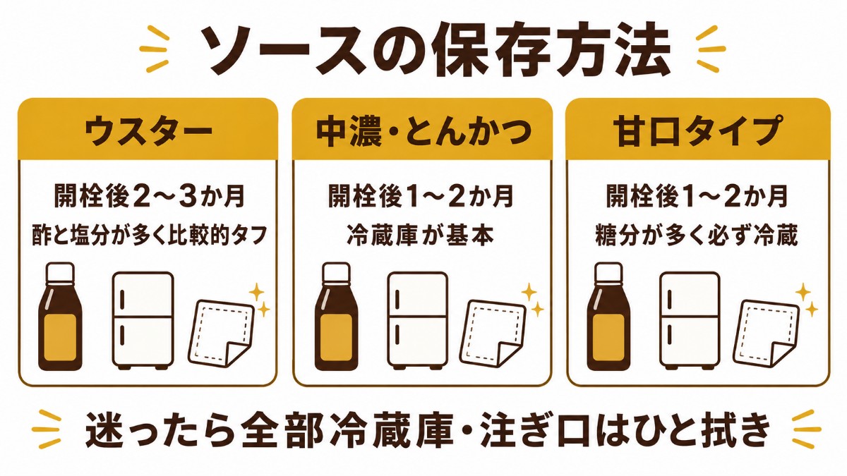 ソースの保存方法カード（ウスターは2〜3か月・中濃とんかつは1〜2か月冷蔵・甘口は必ず冷蔵のまとめ）
