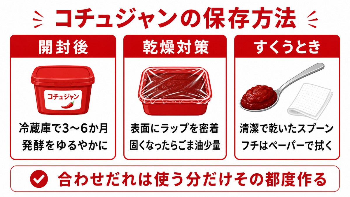 コチュジャンの保存方法カード（冷蔵庫で3〜6か月・表面ラップ密着・清潔なスプーンのまとめ）