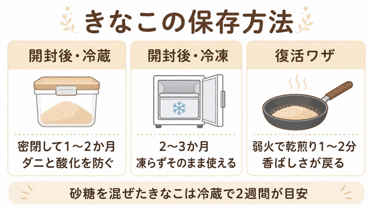 きなこの保存方法カード（密閉して冷蔵1〜2か月・冷凍2〜3か月・乾煎りで復活のまとめ）
