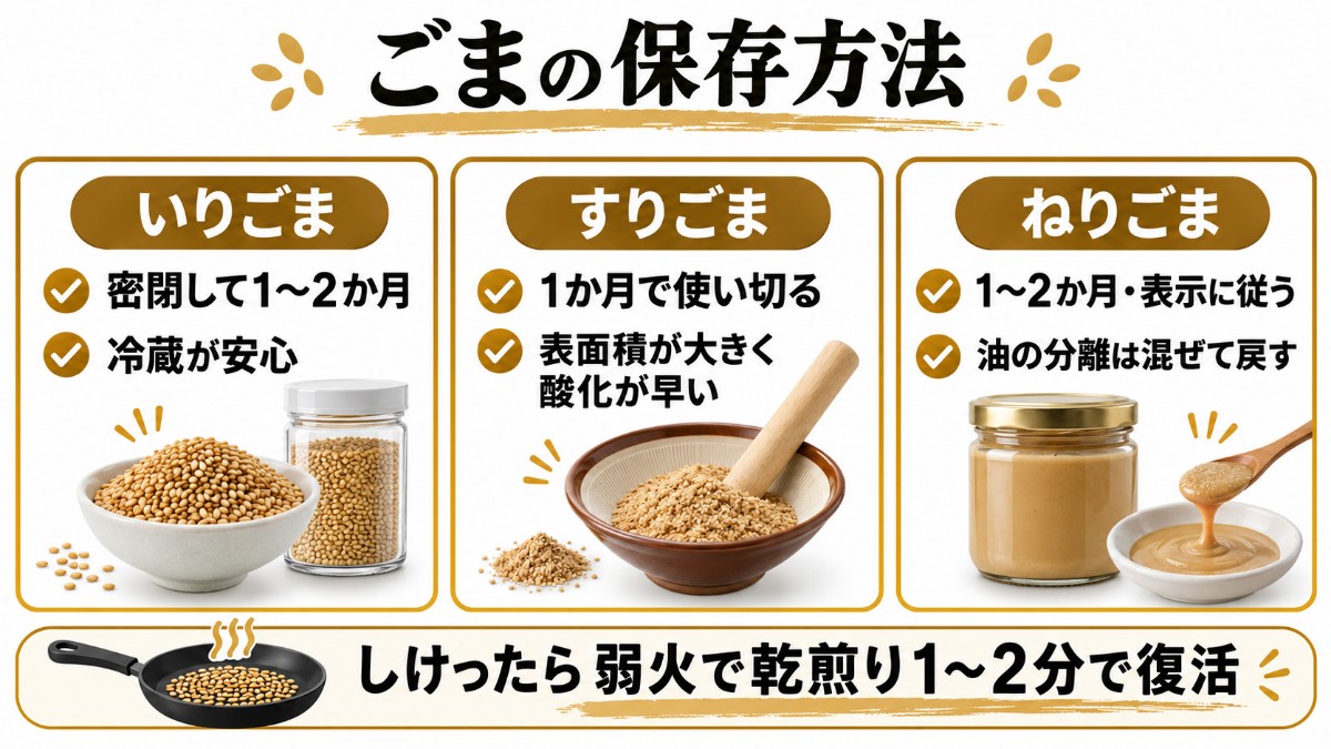 ごまの保存方法カード（いりごま1〜2か月・すりごま1か月・ねりごまの分離は混ぜて戻すのまとめ）
