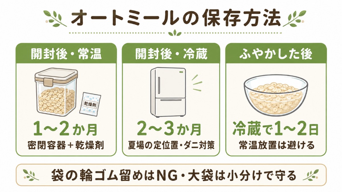 オートミールの保存方法カード（常温1〜2か月・冷蔵2〜3か月・ふやかした後は冷蔵1〜2日のまとめ）
