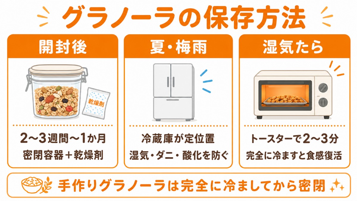 グラノーラの保存方法カード（密閉容器＋乾燥剤で2〜3週間〜1か月・湿気たらトースターで復活のまとめ）