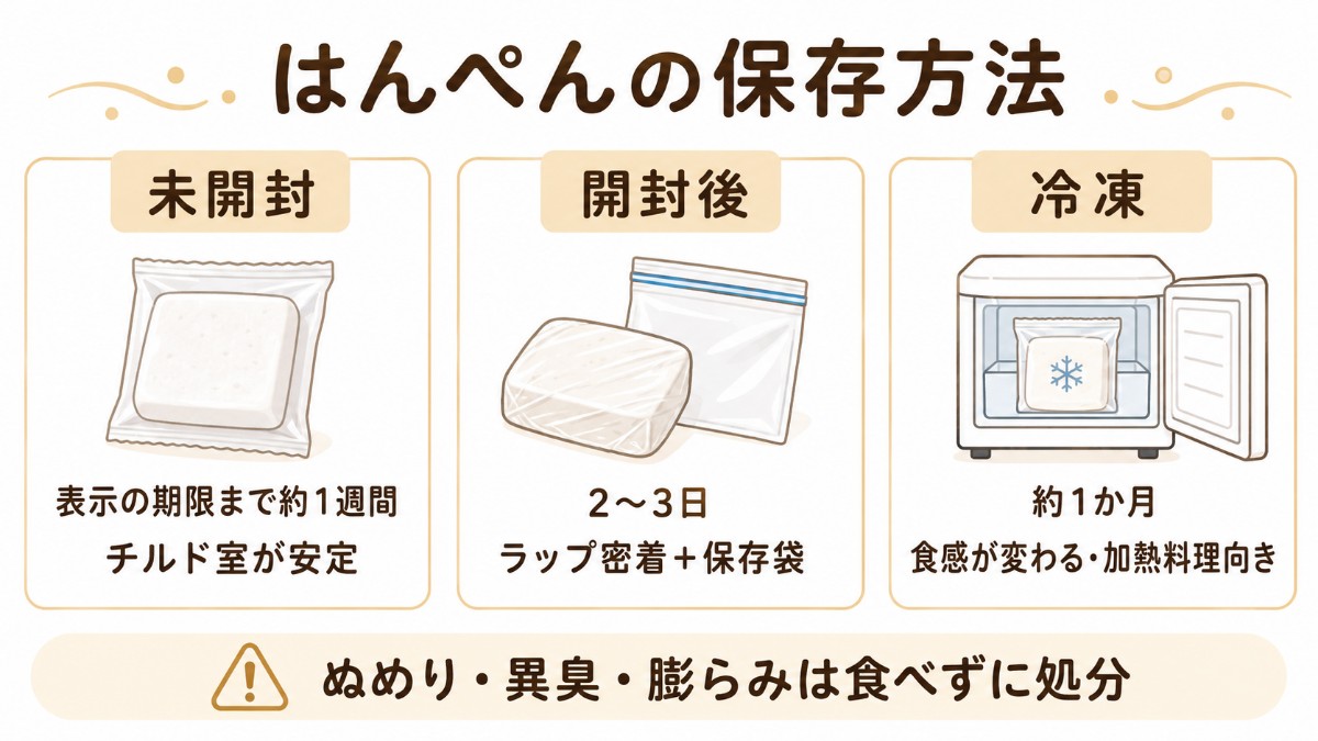 はんぺんの保存方法カード（未開封はチルド室・開封後2〜3日・冷凍約1か月で加熱料理向きのまとめ）
