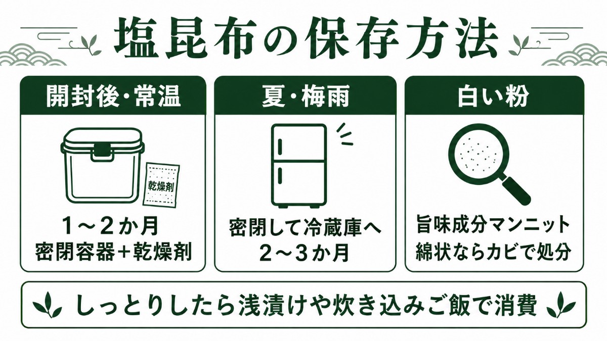 塩昆布の保存方法カード（密閉容器＋乾燥剤で1〜2か月・夏は冷蔵・白い粉は旨味成分マンニットのまとめ）