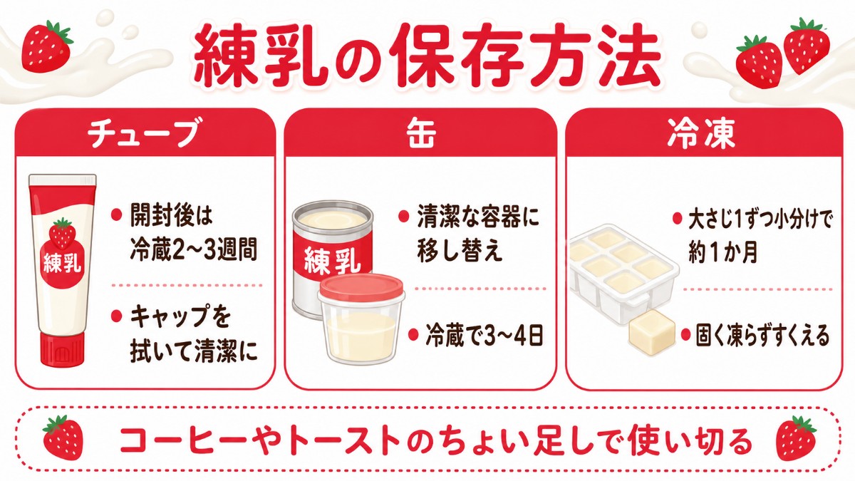 練乳の保存方法カード（チューブは冷蔵2〜3週間・缶は移し替えて3〜4日・小分け冷凍1か月のまとめ）