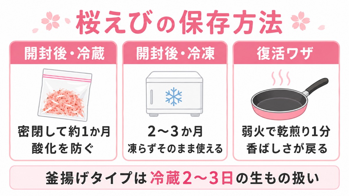 桜えびの保存方法カード（密閉して冷蔵1か月・冷凍2〜3か月・乾煎りで香り復活のまとめ）