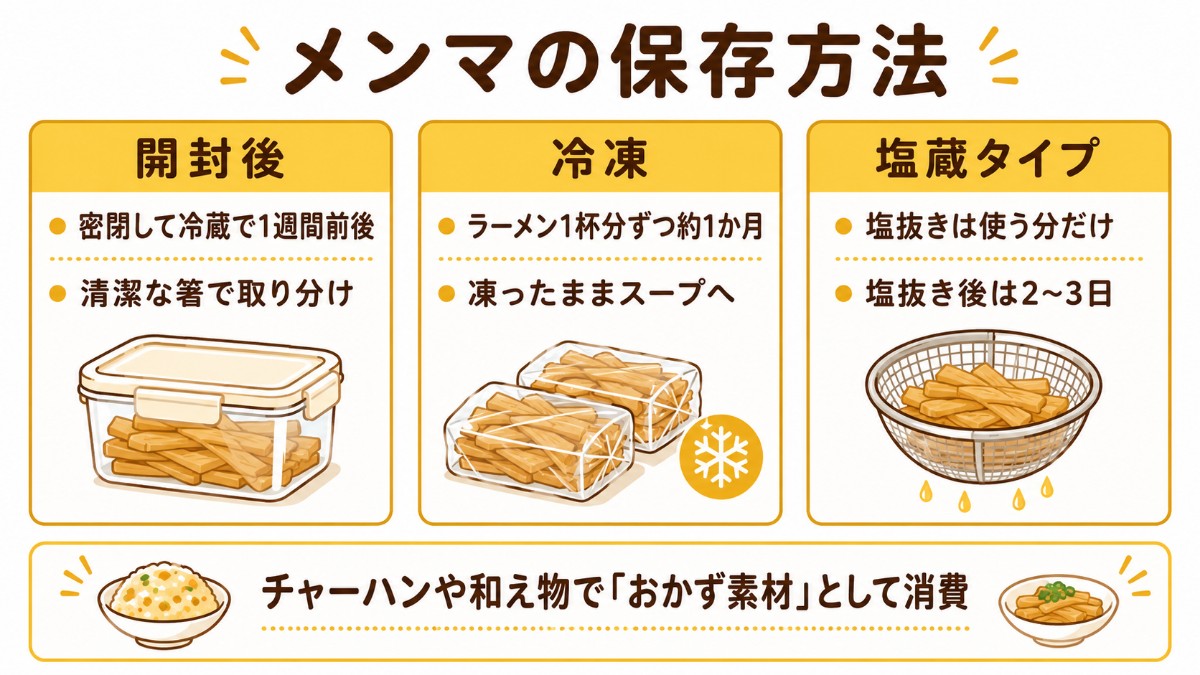 メンマの保存方法カード（開封後は冷蔵1週間・ラーメン1杯分ずつ冷凍1か月のまとめ）