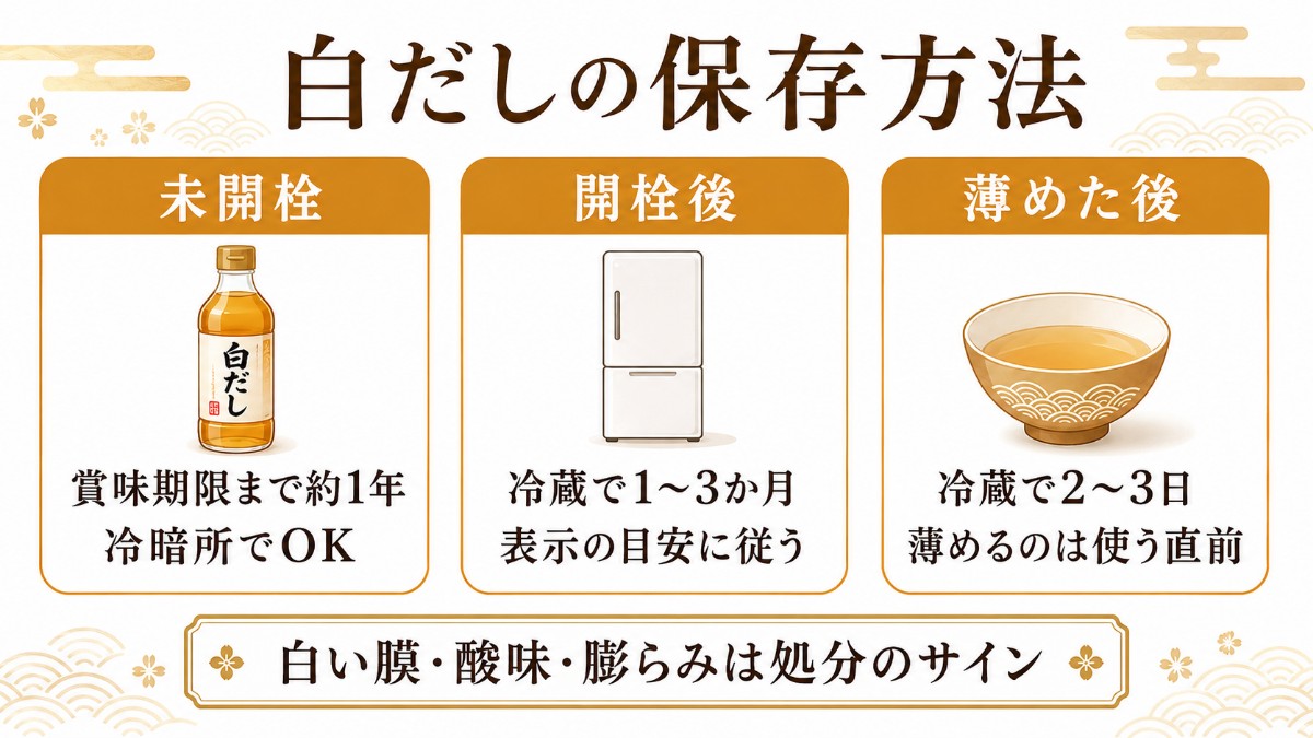 白だしの保存方法カード（開栓後は冷蔵1〜3か月・薄めただし汁は2〜3日のまとめ）