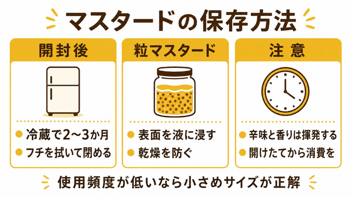 マスタードの保存方法カード（冷蔵2〜3か月・粒は液に浸す・辛味は揮発のまとめ）