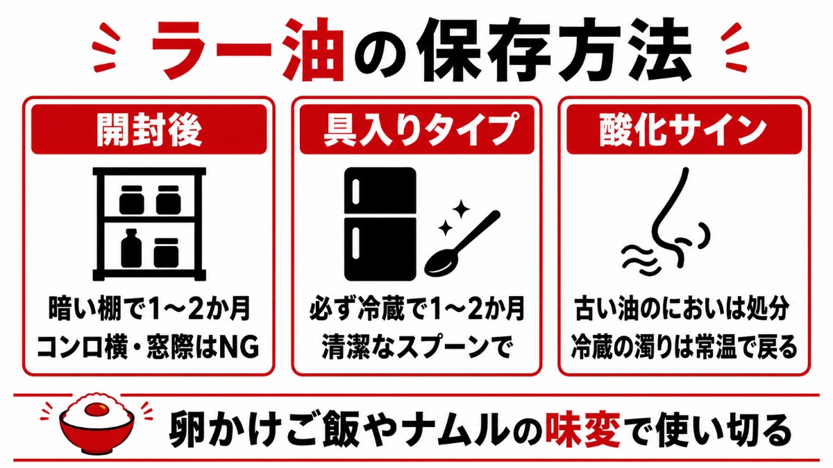 ラー油の保存方法カード（暗い棚で1〜2か月・具入りは必ず冷蔵・酸化サインのまとめ）