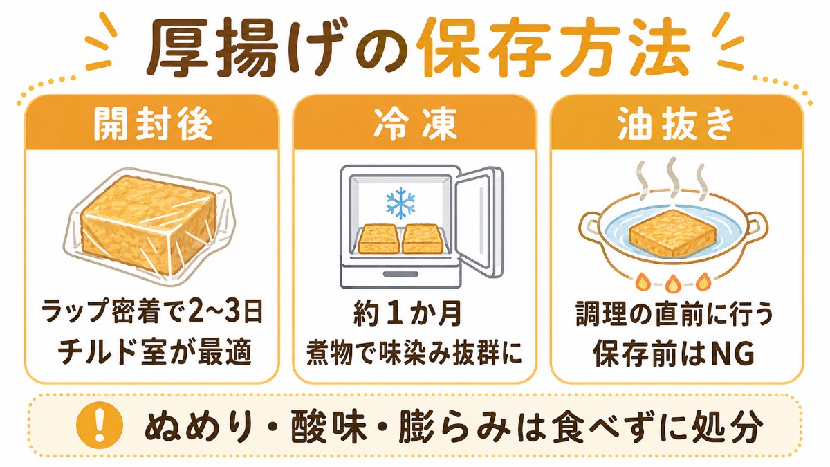厚揚げの保存方法カード（ラップ密着で2〜3日・冷凍1か月は煮物向き・油抜きは調理直前のまとめ）