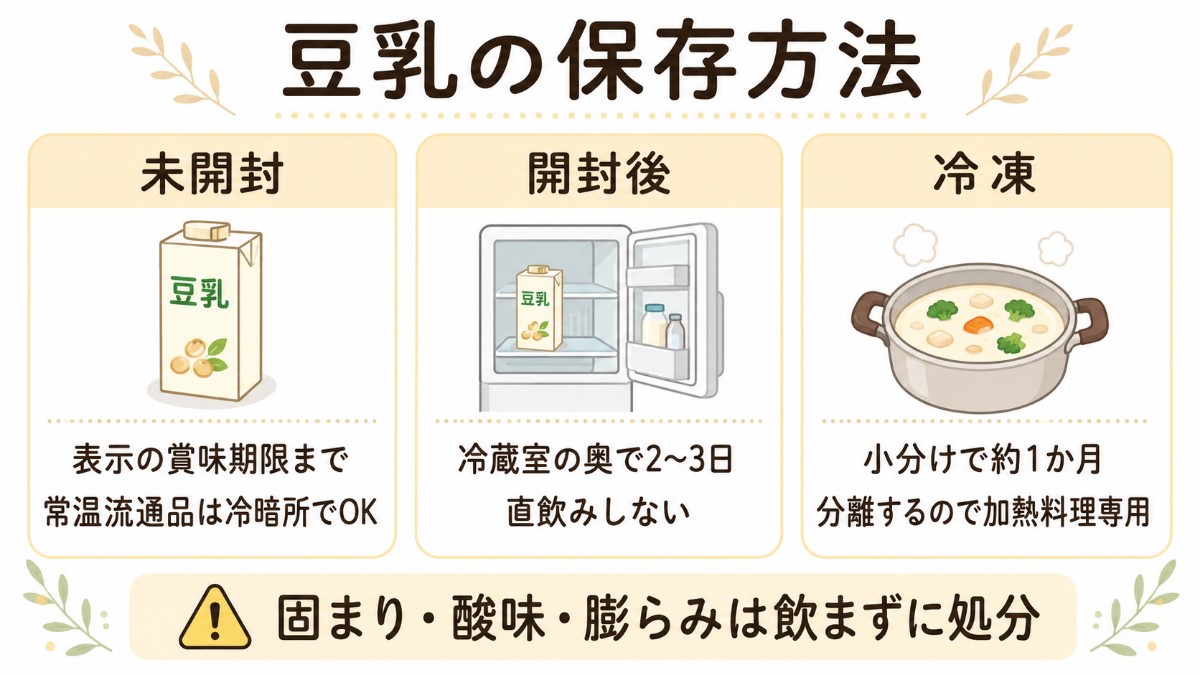 豆乳の保存方法カード（開封後は冷蔵室の奥で2〜3日・冷凍は加熱料理専用のまとめ）