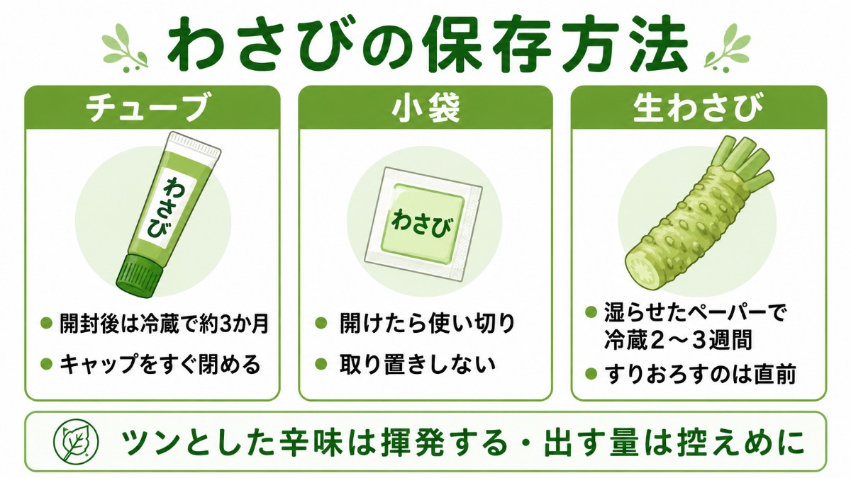 わさびの保存方法カード（チューブは冷蔵3か月・小袋は使い切り・生わさびは湿らせたペーパーのまとめ）