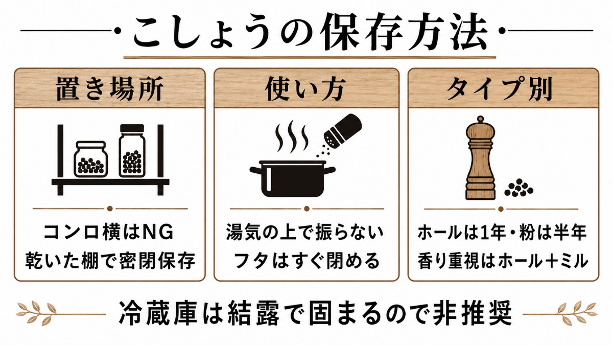こしょうの保存方法カード（コンロ横NG・湯気の上で振らない・ホール＋ミルが香り最強のまとめ）