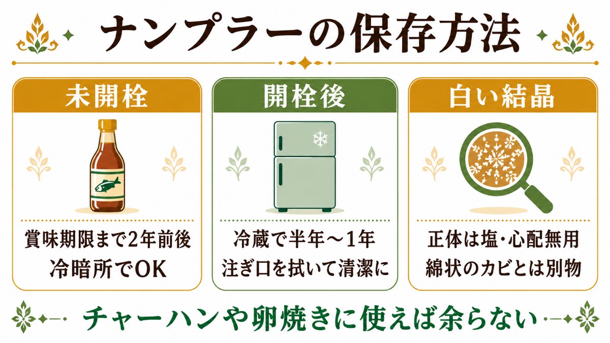 ナンプラーの保存方法カード（開栓後は冷蔵で半年〜1年・白い結晶は塩のまとめ）