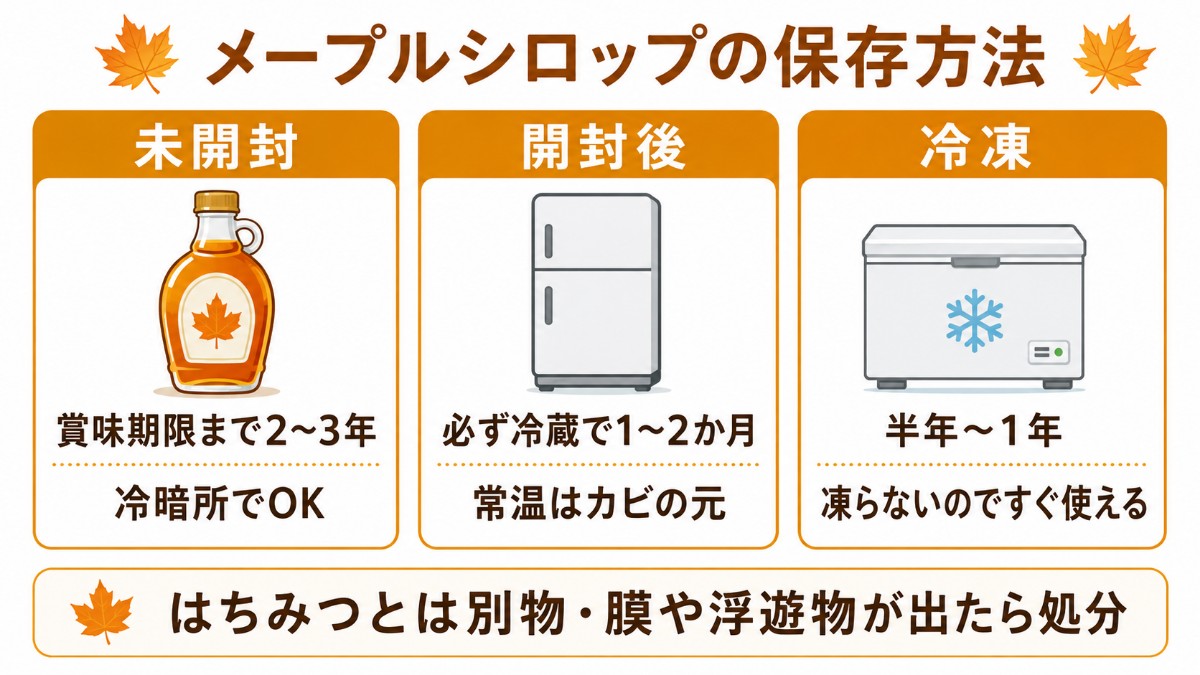 メープルシロップの保存方法カード（開封後は必ず冷蔵1〜2か月・冷凍半年〜1年のまとめ）