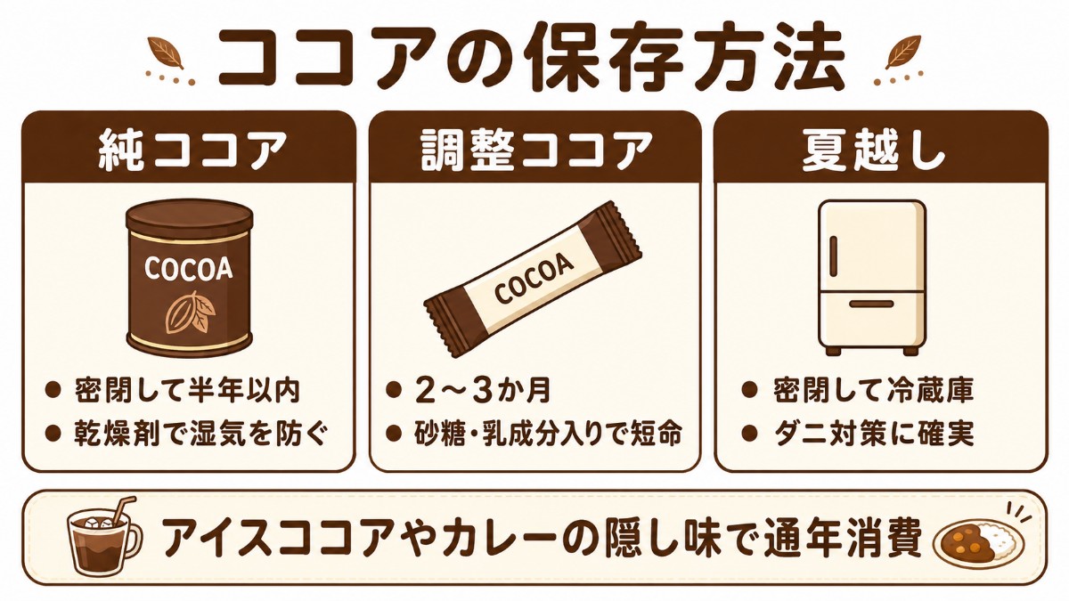 ココアの保存方法カード（純ココアは密閉して半年・調整ココアは2〜3か月・夏は冷蔵庫のまとめ）
