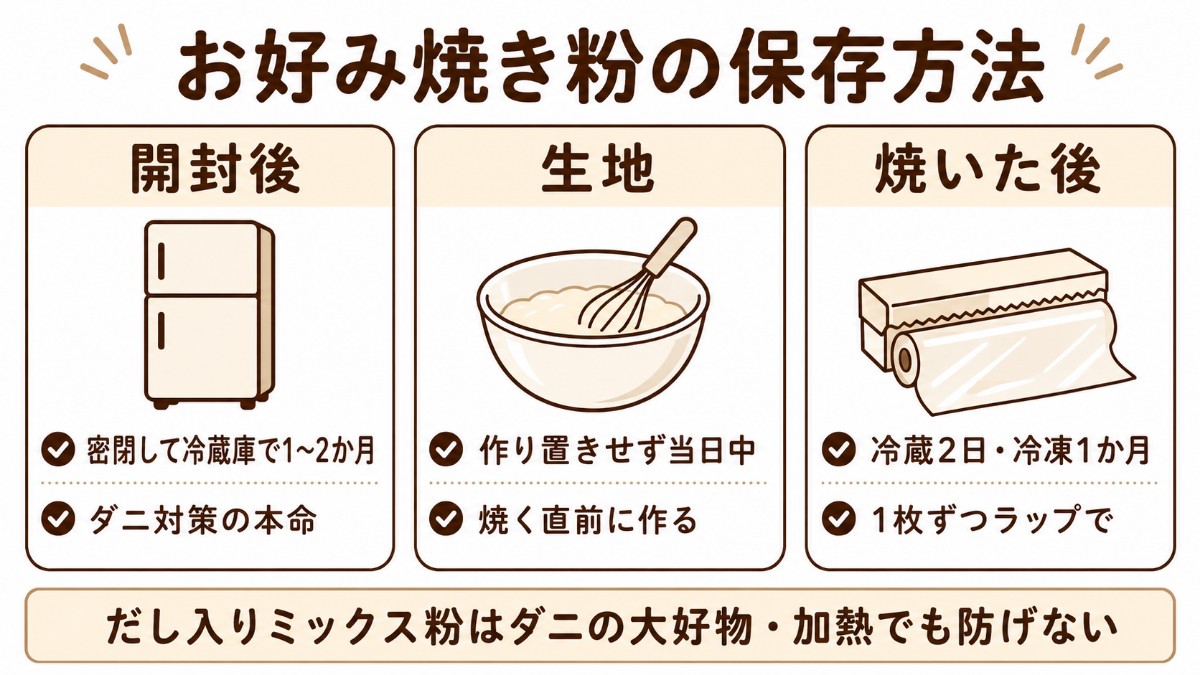 お好み焼き粉の保存方法カード（密閉して冷蔵1〜2か月・生地は当日中・焼いた後は冷凍1か月のまとめ）