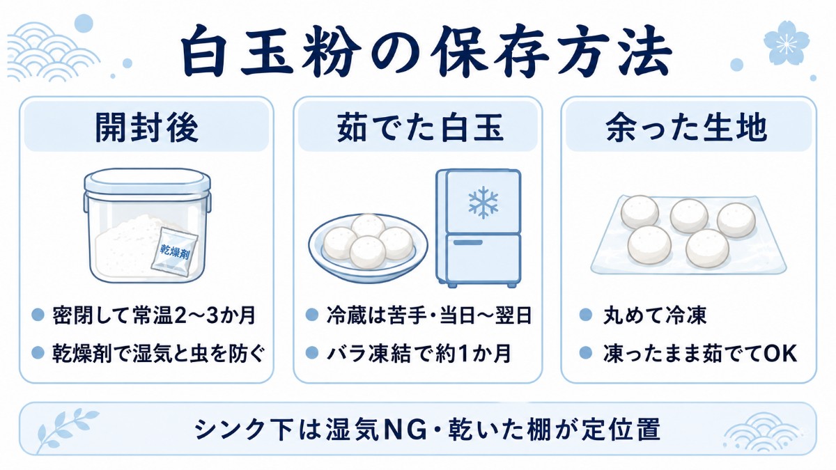 白玉粉の保存方法カード（密閉して常温2〜3か月・茹でた白玉はバラ凍結・生地は丸めて冷凍のまとめ）