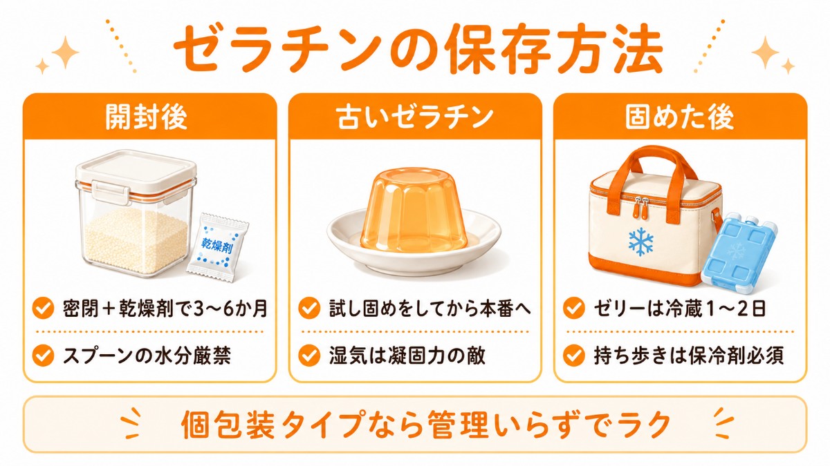 ゼラチンの保存方法カード（密閉＋乾燥剤で3〜6か月・古いものは試し固め・ゼリーは冷蔵1〜2日のまとめ）