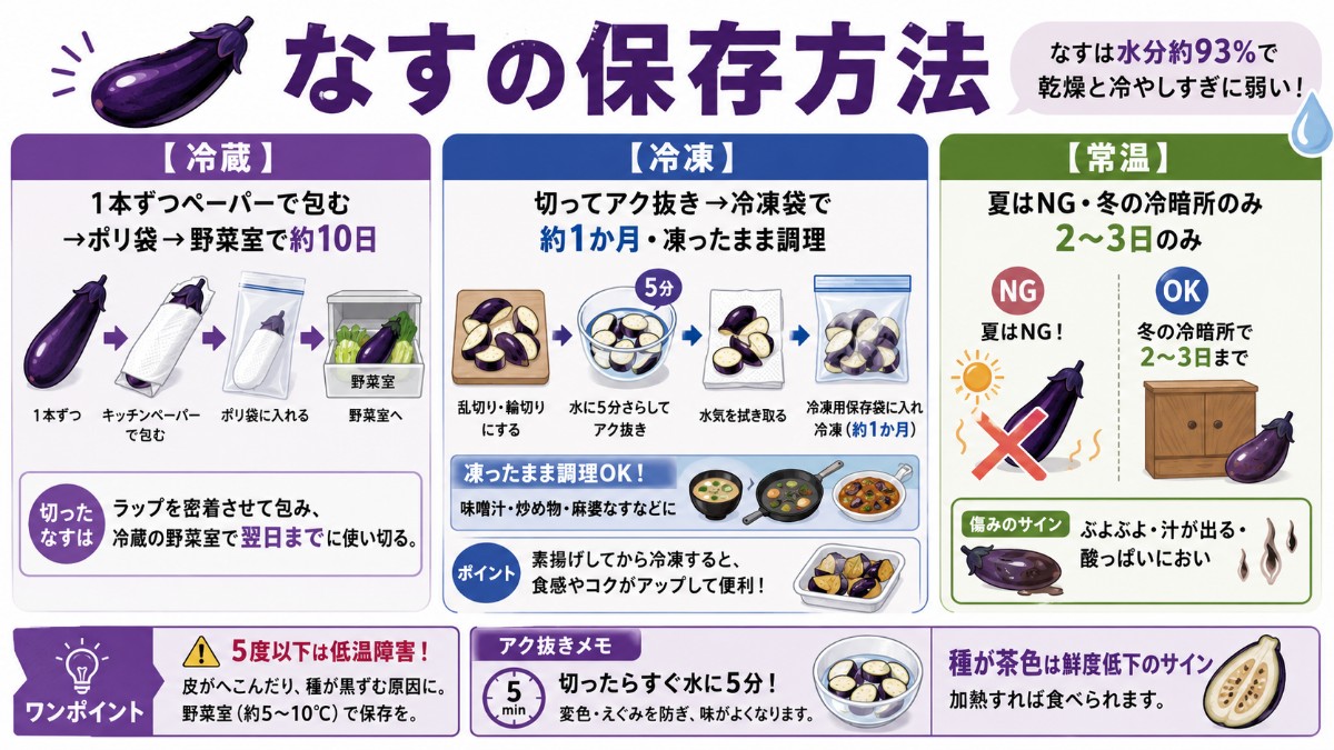 なすの保存方法カード（ペーパーで包んで野菜室10日・切ってアク抜き冷凍1か月・夏の常温NGのまとめ）