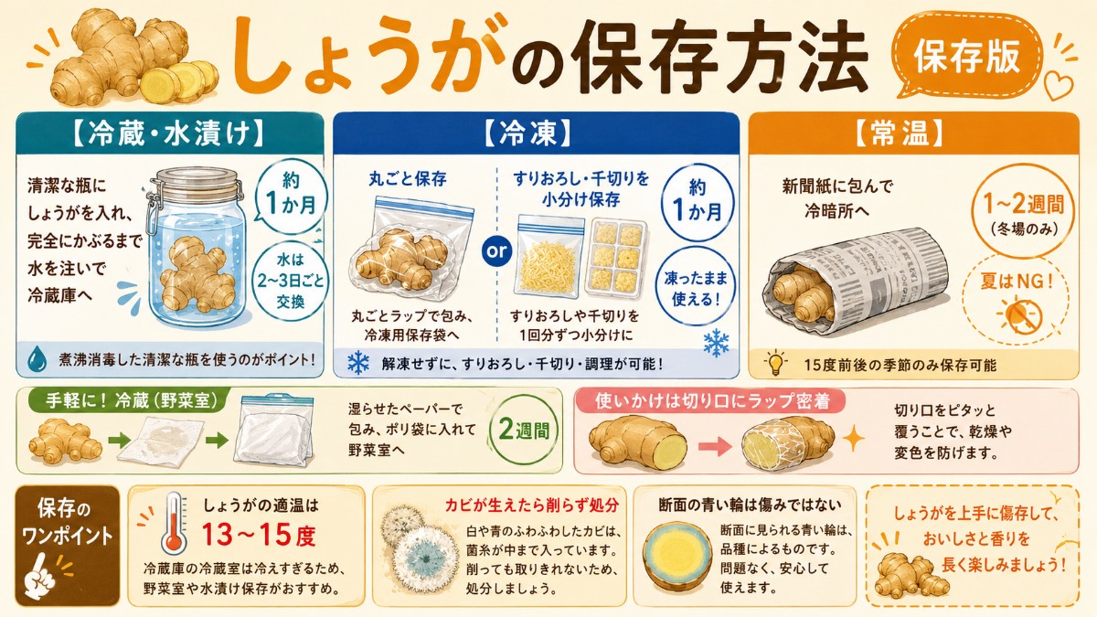 しょうがの保存方法カード（水漬け冷蔵1か月・すりおろし小分け冷凍1か月・カビは削らず処分のまとめ）