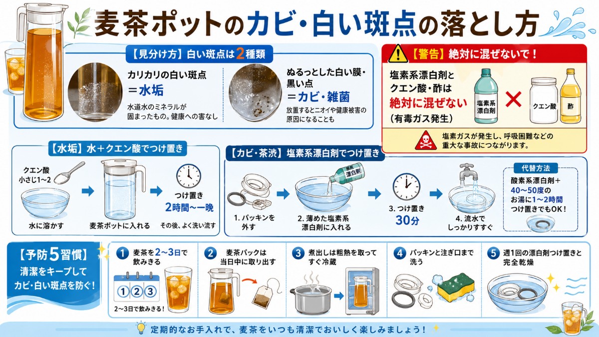 麦茶ポットのカビ・白い斑点の落とし方カード（水垢はクエン酸つけ置き・カビは塩素系漂白剤30分・混ぜるな危険・予防5習慣のまとめ）