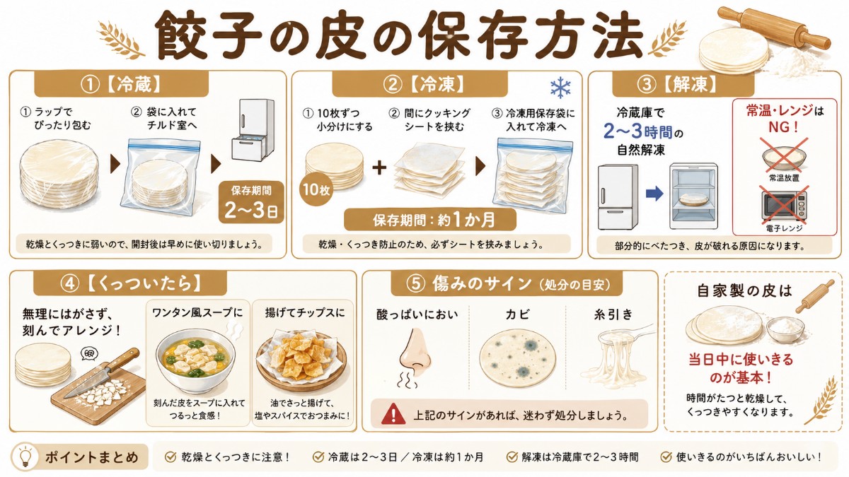 餃子の皮の保存方法カード（ラップ密閉で冷蔵2〜3日・小分け冷凍1か月・冷蔵庫で自然解凍のまとめ）