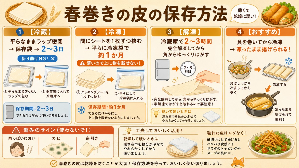 春巻きの皮の保存方法カード（平らにラップ密閉・冷蔵2〜3日・間仕切りを挟んで冷凍1か月のまとめ）