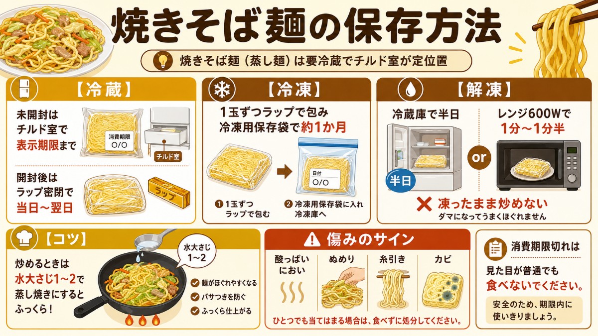 焼きそば麺の保存方法カード（チルド室で期限厳守・1玉ずつ冷凍1か月・蒸し焼きでふっくらのまとめ）