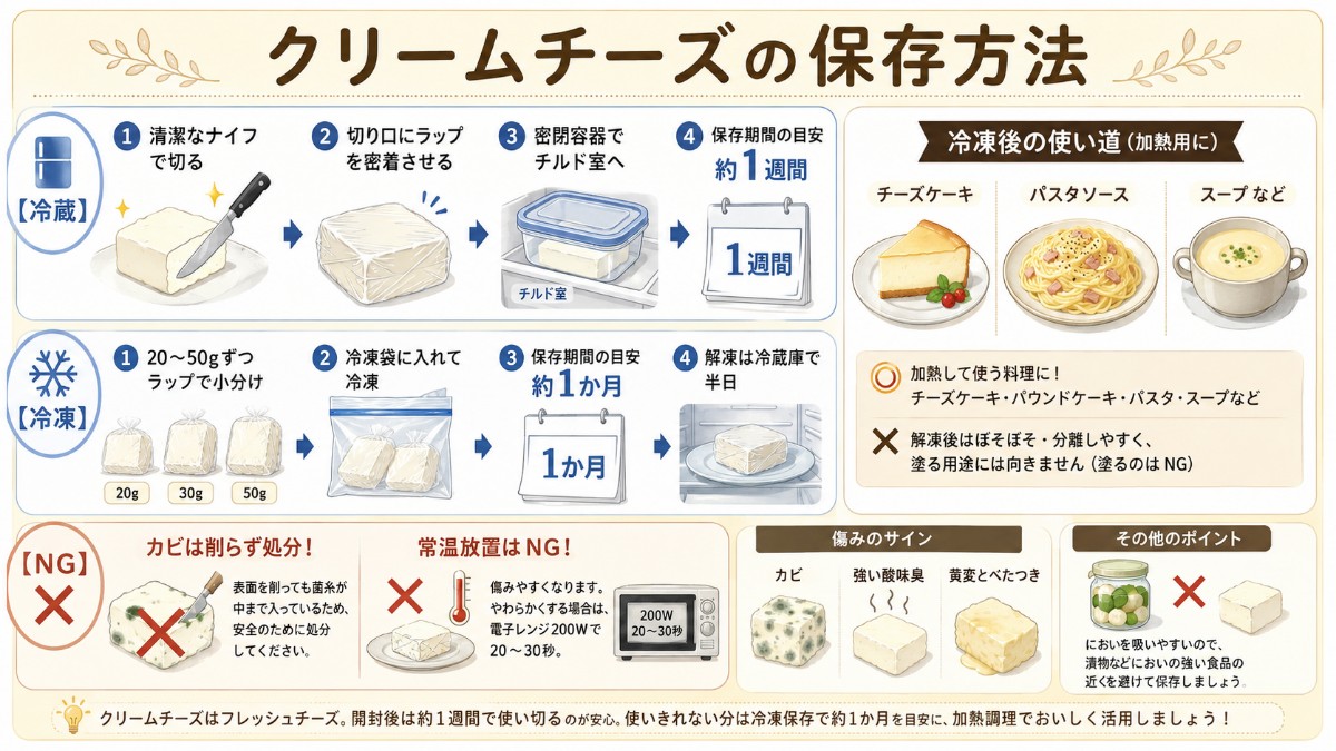 クリームチーズの保存方法カード（ラップ密着で冷蔵1週間・小分け冷凍1か月は加熱用のまとめ）