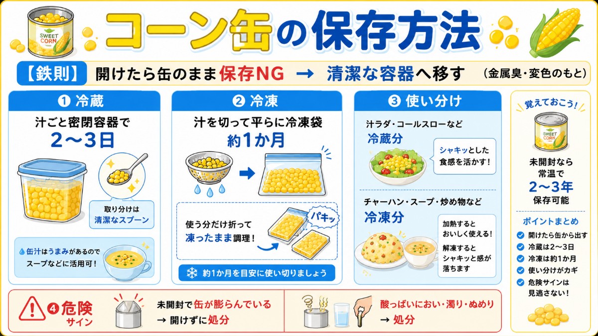 コーン缶の保存方法カード（開けたら容器へ・冷蔵2〜3日・平らに冷凍1か月・缶のまま保存NGのまとめ）